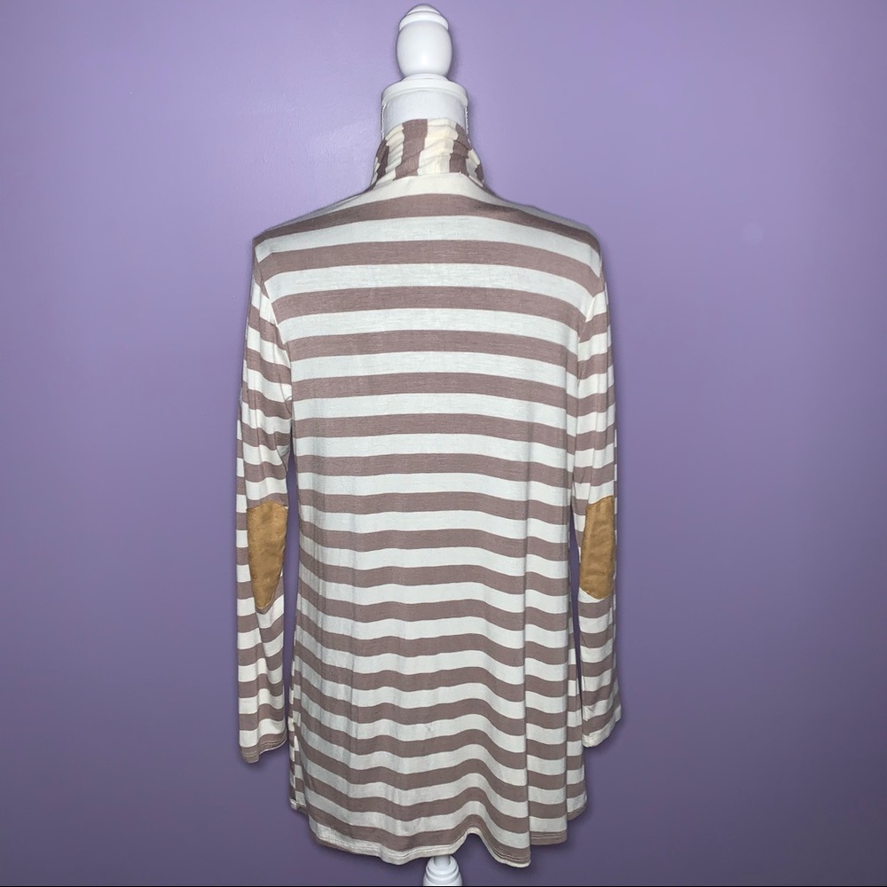 Boutique Tan and Cream Striped Elbow Patch Cardigan